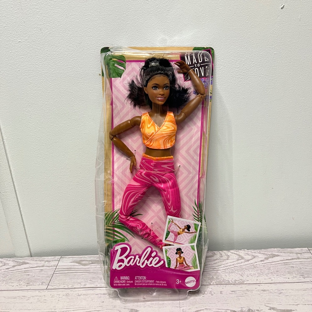 Barbie Made to Move Yoga Doll HRH28 Black Hair Orange Pink Brooklyn